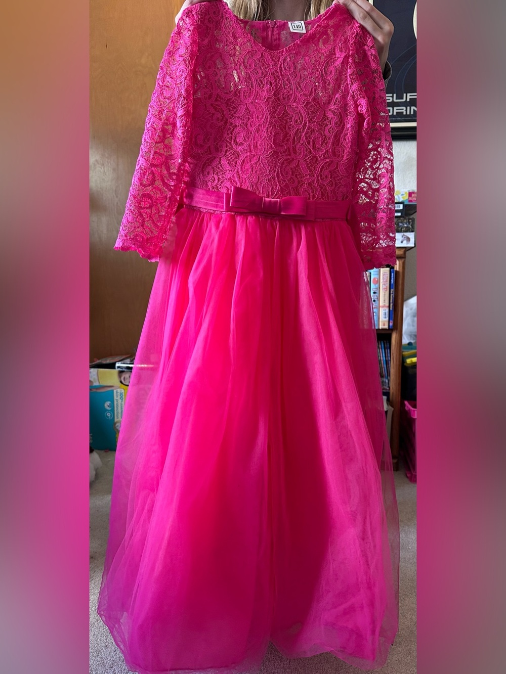 Girls' Hot Pink Lace & Tulle Bow-Accent Formal Dress